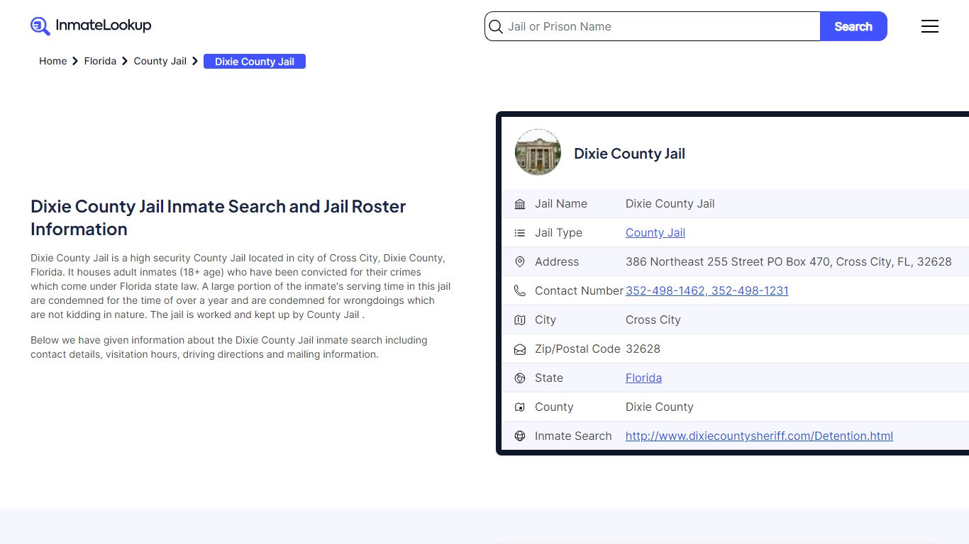 Dixie County Jail Inmate Search and Jail Roster Information